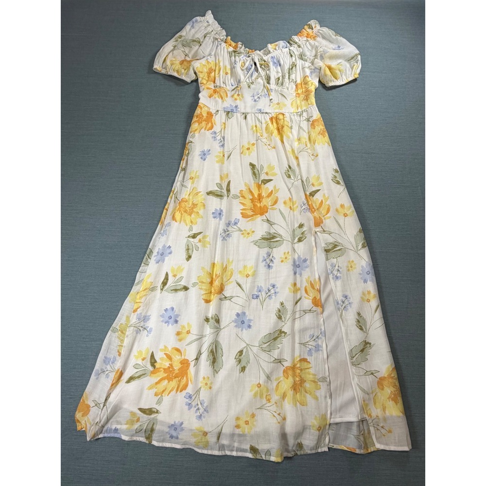 Cider Floral Maxi Dress Women Medium White Yellow Excellent Smocked Slit